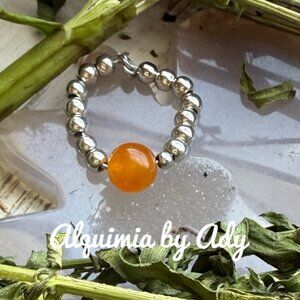 Orange jade silver beaded ring band